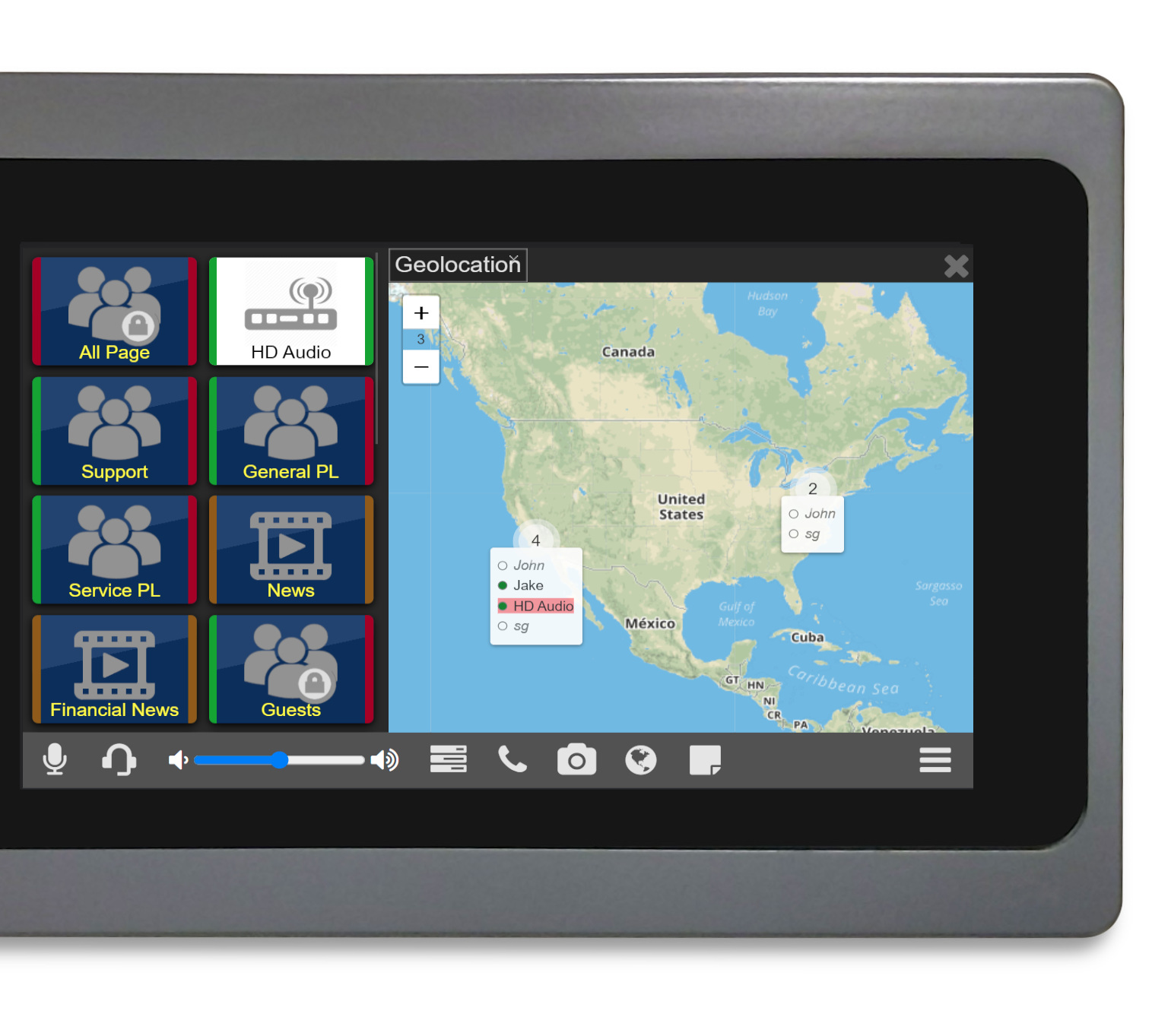 VCOM Desktop Control Panel D406 showing geolocation map with user locations