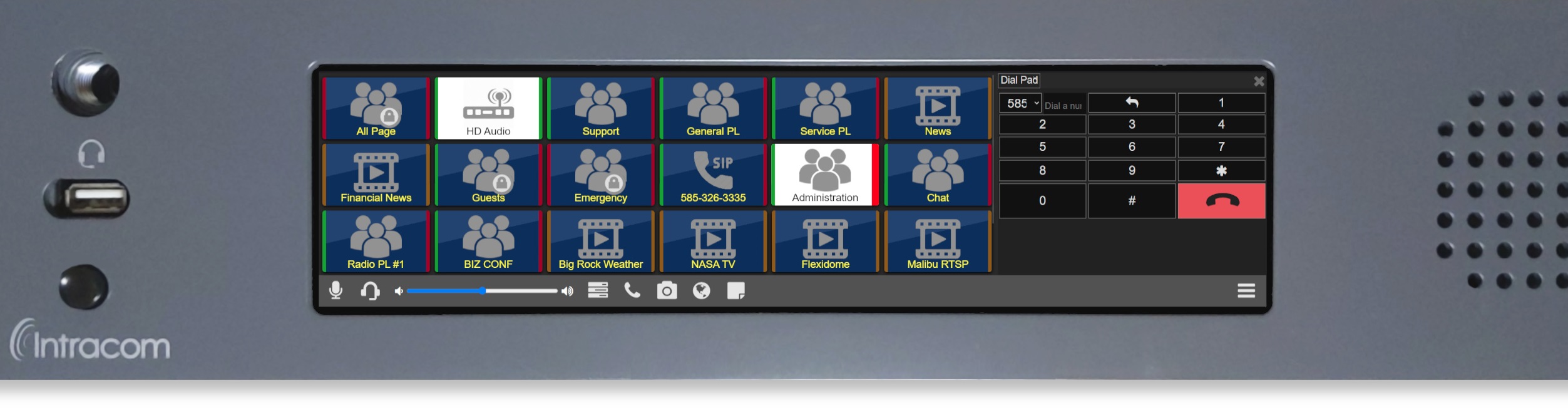 VCOM Rackmount Control Panel showing contacts and dialpad