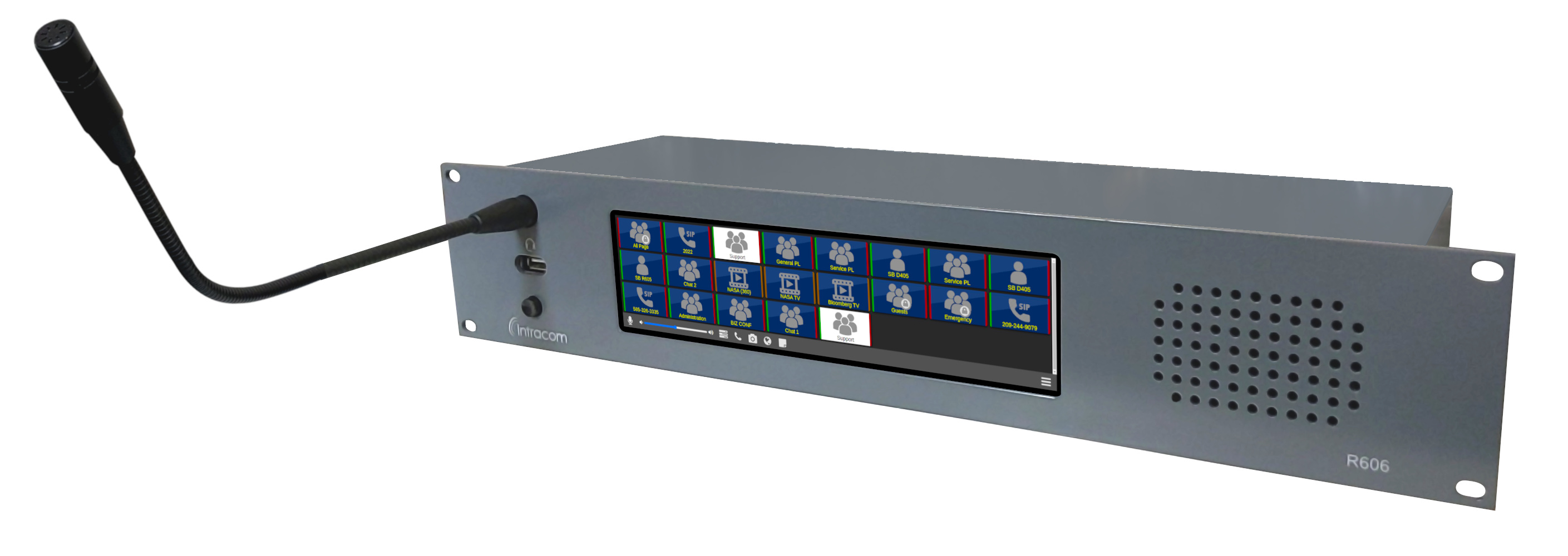 VCOM Desktop Control Panel hardware rackmount with touch panel, gooseneck microphone and speaker